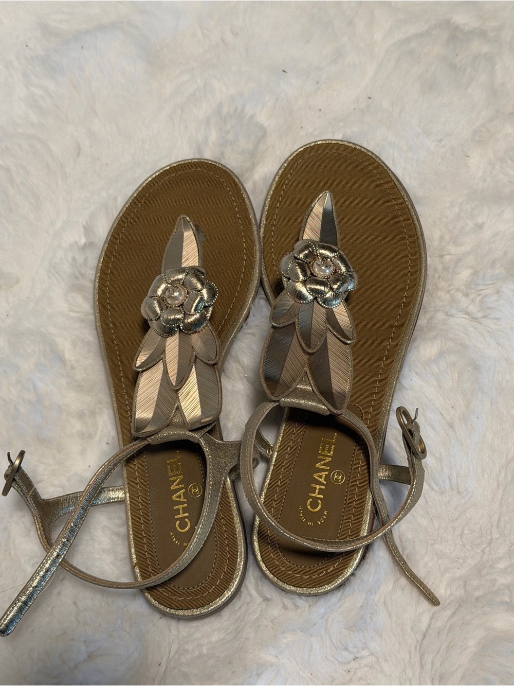 CHANEL Metallic Gold Floral Thong Sandals